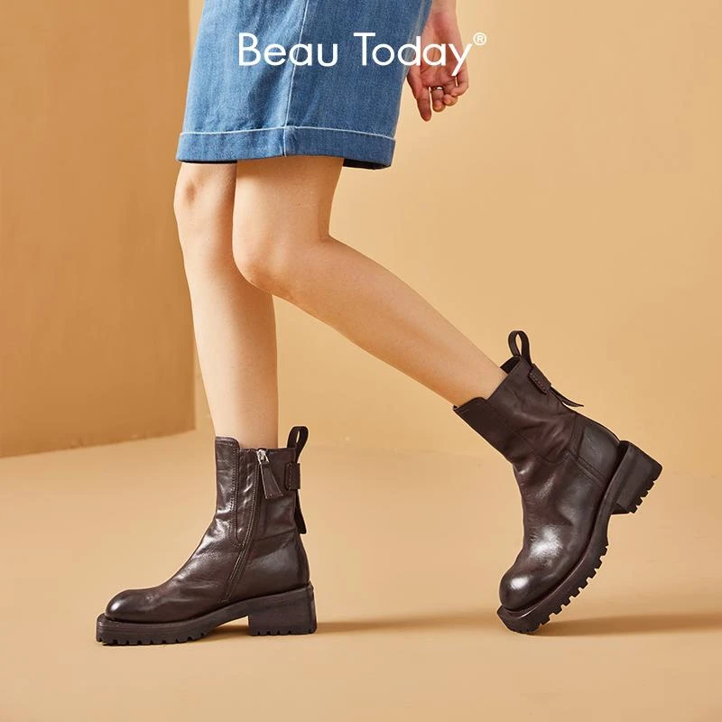 BeauToday真皮马丁靴女靴2024秋冬新款英伦风短靴厚底增高靴子