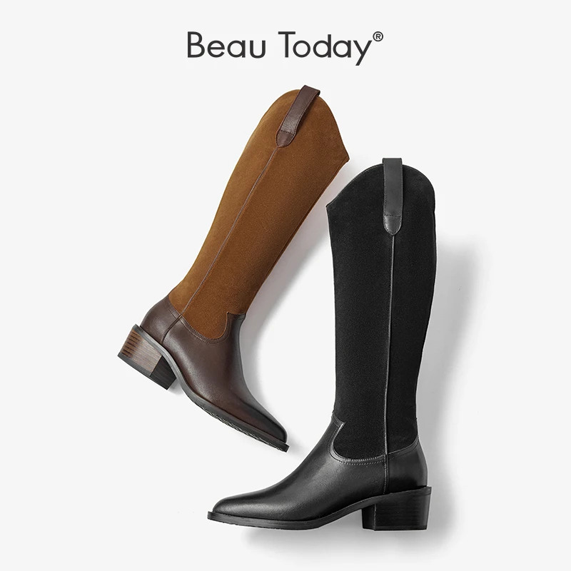 BeauTodayBT高筒靴女鞋新款尖头粗跟英伦风复古真皮靴子