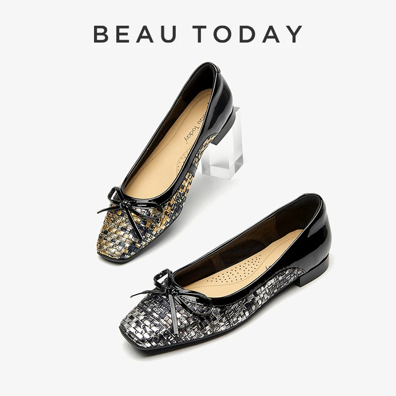 BeauToday法式复古浅口单鞋女BT春季新款蝴蝶结平底小皮鞋