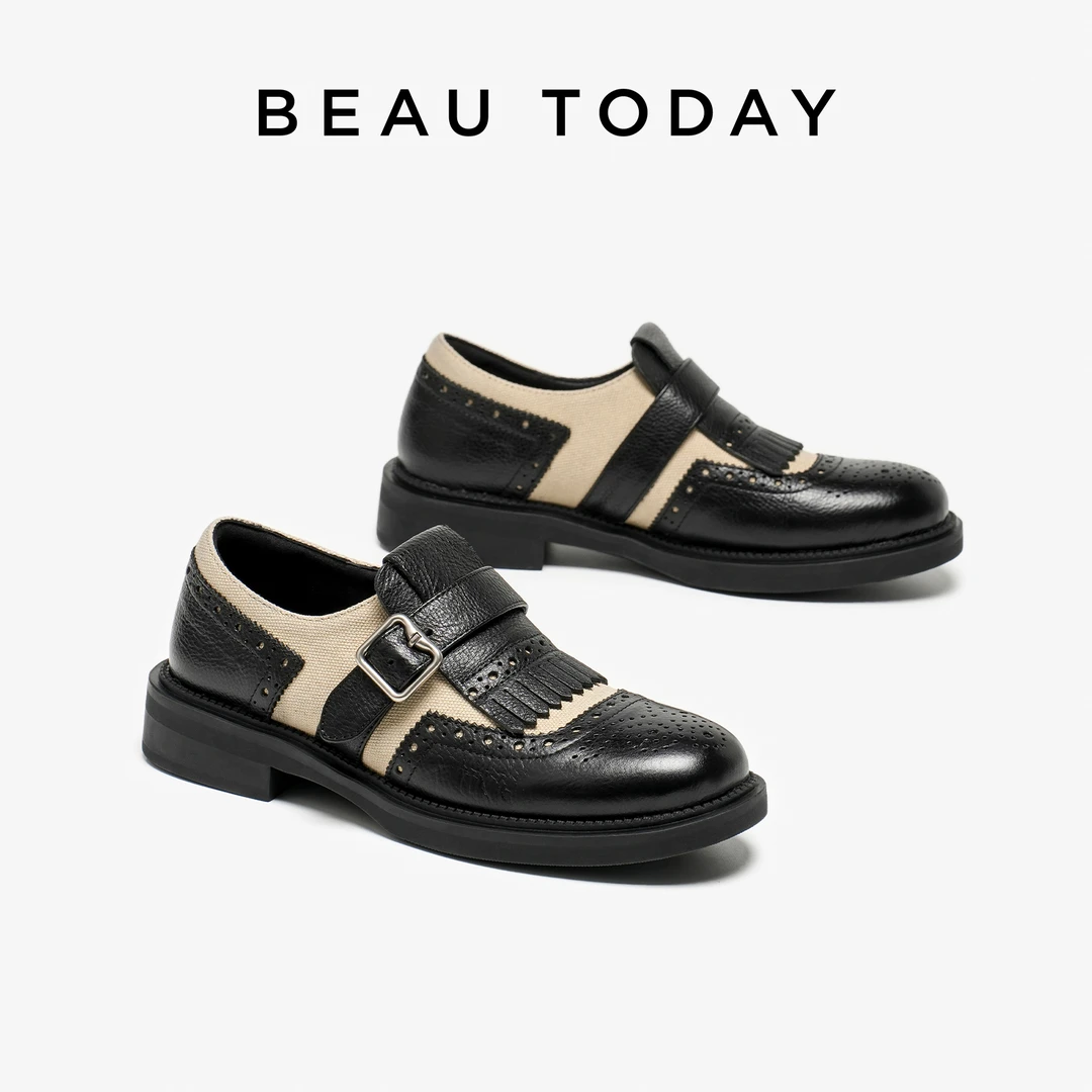 BeauToday复古英伦风小皮鞋新款单鞋女真皮孟克鞋女