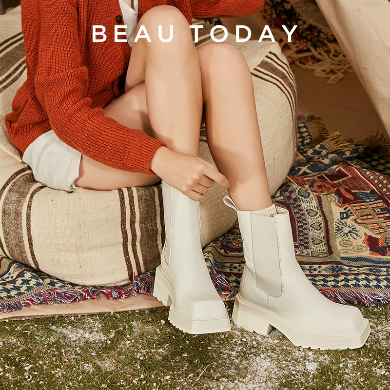 BeauTodayBT厚底切尔西靴2022真皮短靴女英伦风方头靴子粗跟单靴