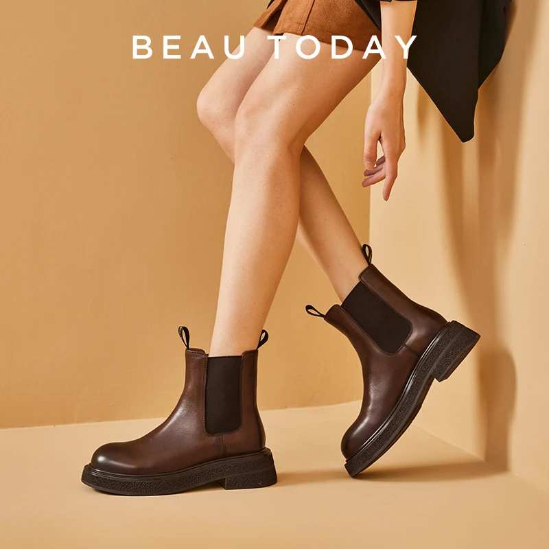 BeauToday【轻奢牛皮】切尔西靴女马丁靴BT棕色短靴女真皮烟筒靴
