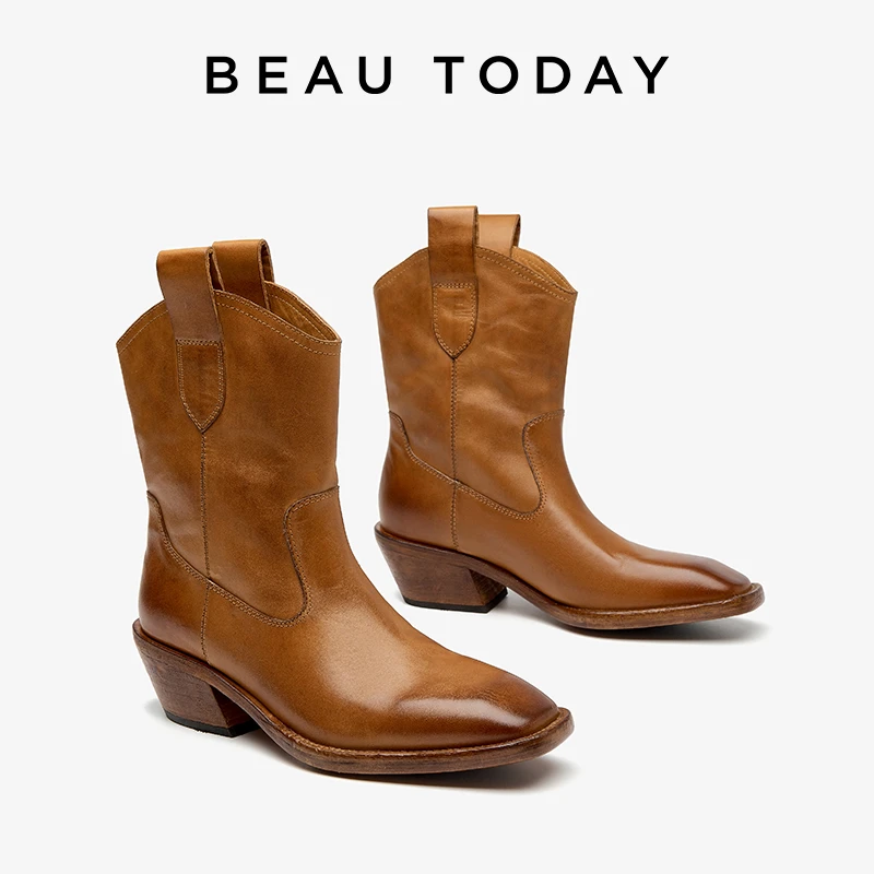 BeauToday【商场同款】复古西部牛仔靴女真皮骑士靴女粗跟棕色短靴