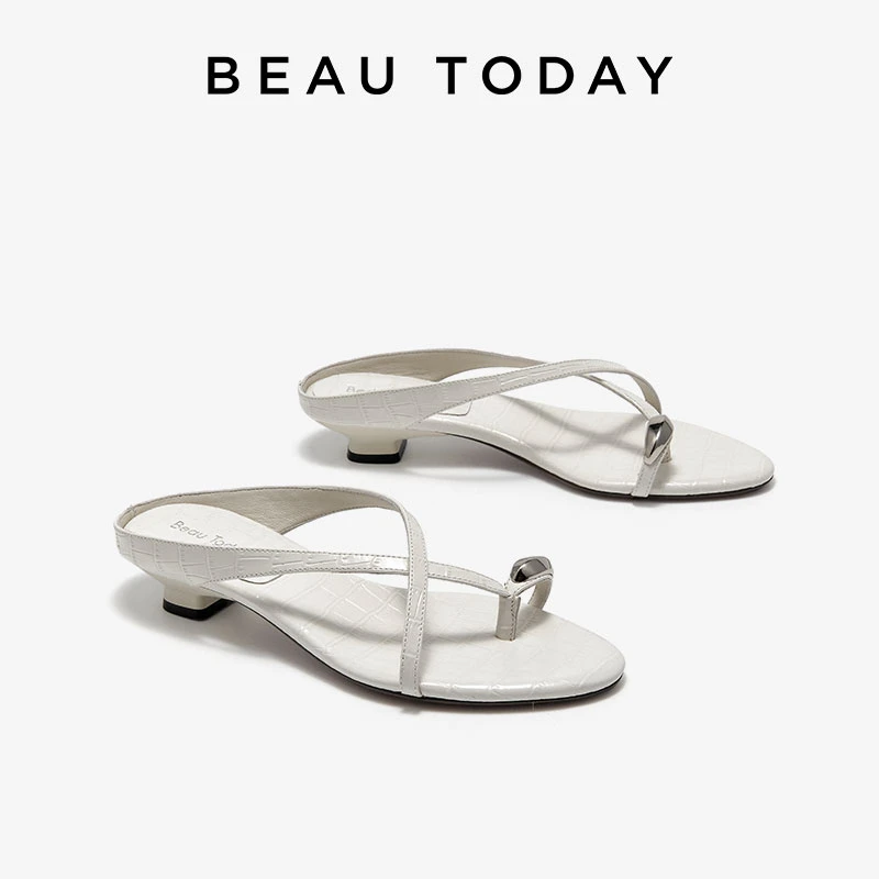 BeauToday法式凉鞋女BT方跟夹趾拖鞋外穿细带凉鞋