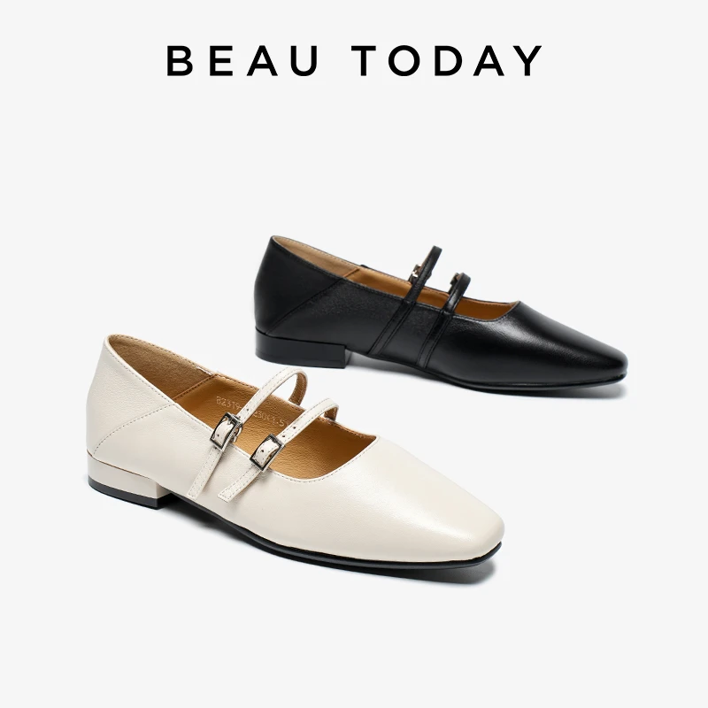 【BeauToday】新款浅口双绑带方头玛丽珍小皮鞋舒适休闲百搭