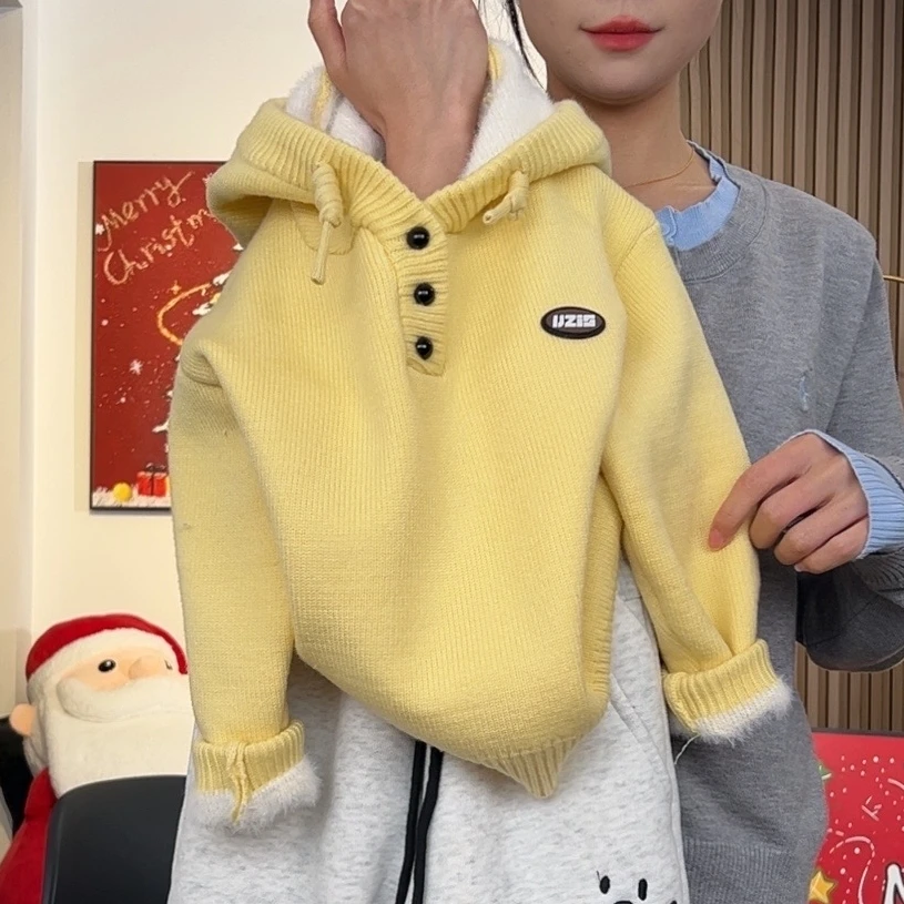 【芊熙家】男女童2024秋冬季新款韩版针织加毛加厚休闲连帽毛衣保暖