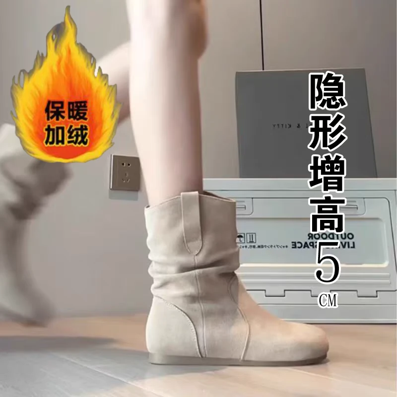 网红复古内增高真皮勃肯马丁靴子潮2025秋冬季新款5cm加绒短靴女