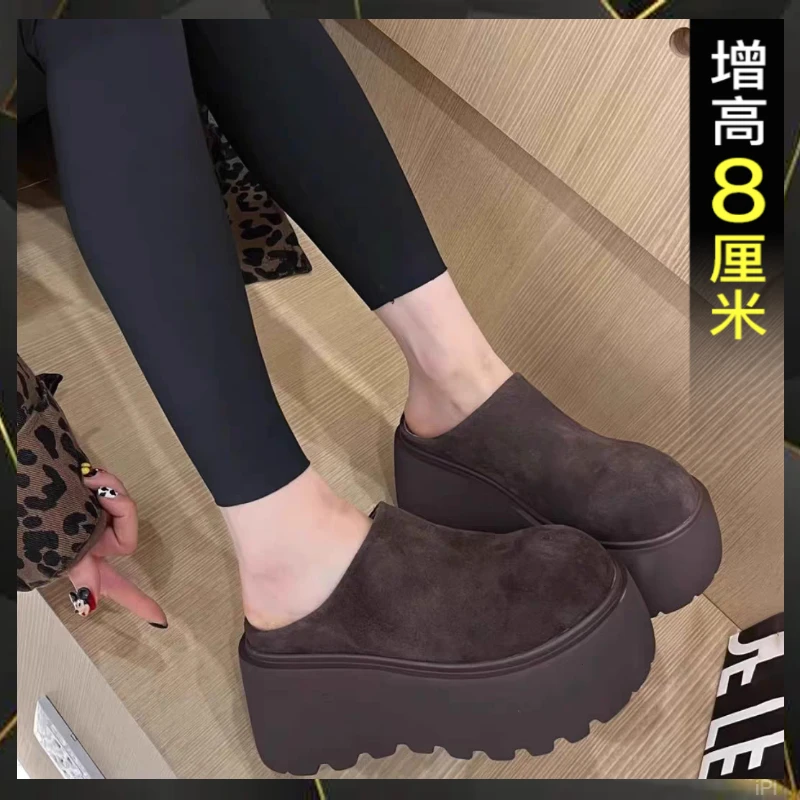 真皮厚底半拖鞋女外穿2025新款小个子8cm松糕芒果头超高跟包头拖