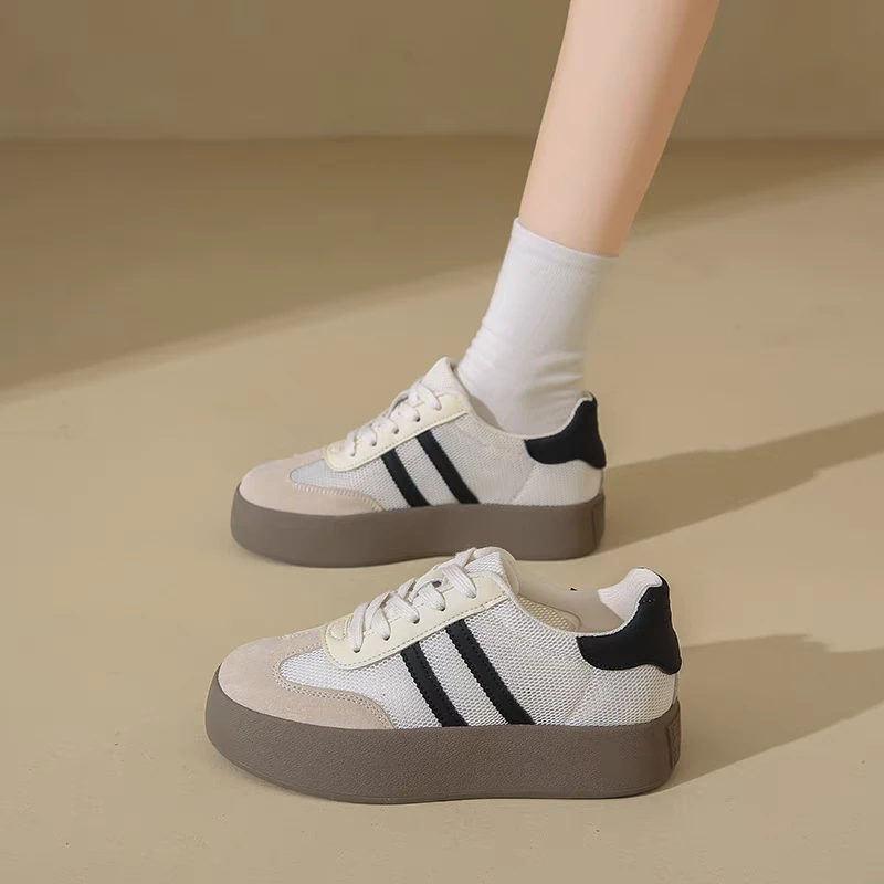 夏季网面透气真皮小白鞋女网红爆款小个子厚底内增高7cm休闲板鞋