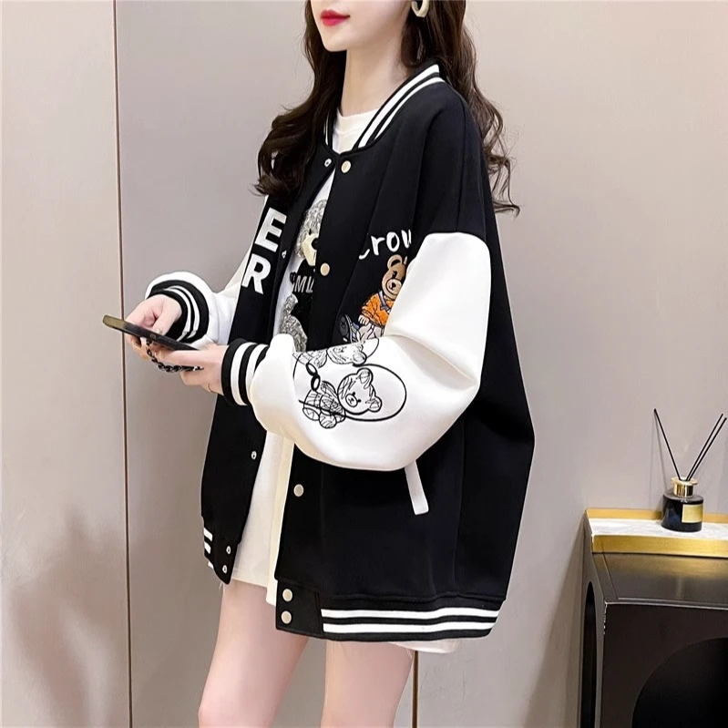 2025秋冬新款宽松刺绣薄款拼色棒球服女学生原宿风开衫加绒外套潮