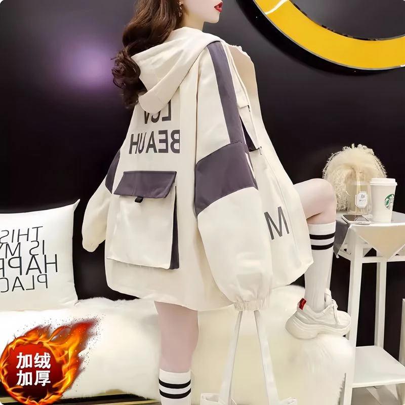 慵懒风设计感加绒加厚羊羔绒风衣冬季新款大码宽松拼色棉服外套潮