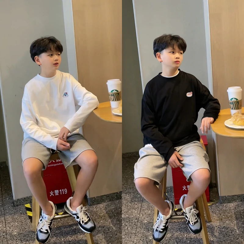 卡通绣花男童t恤长袖春秋款亲子装儿童白色打底衫小学生男孩上衣