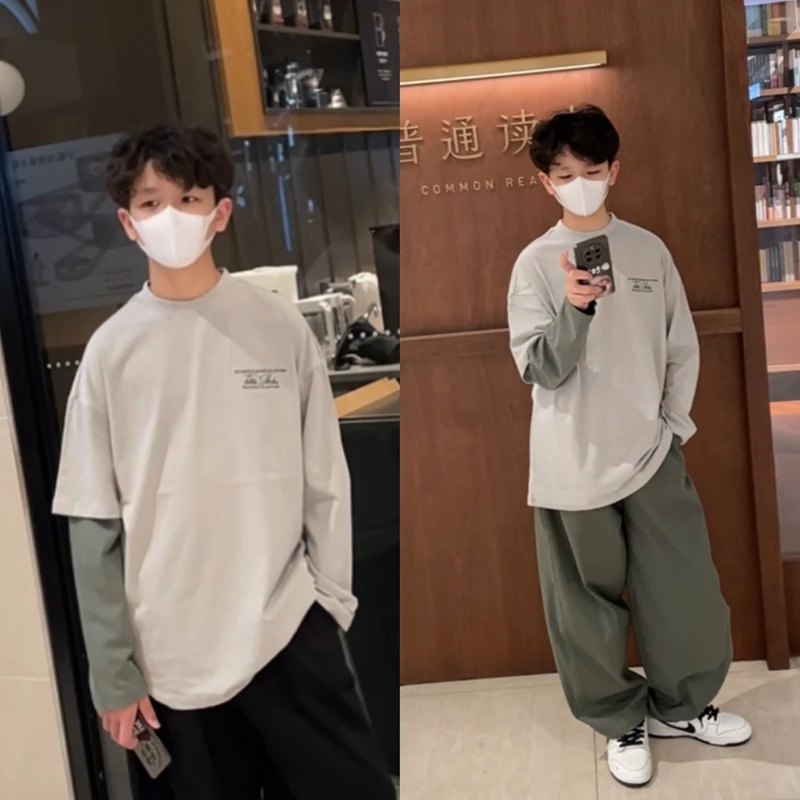 早秋童装男童长袖t恤纯棉亲子装儿童拼接袖打底衫 y24212 A