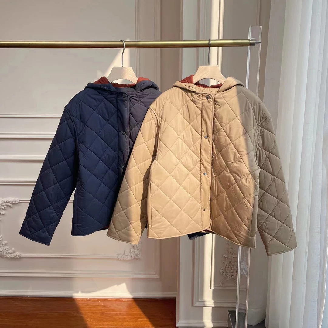 羊绒菱格纹棉服l，p系列同款连帽棉服短外套0508