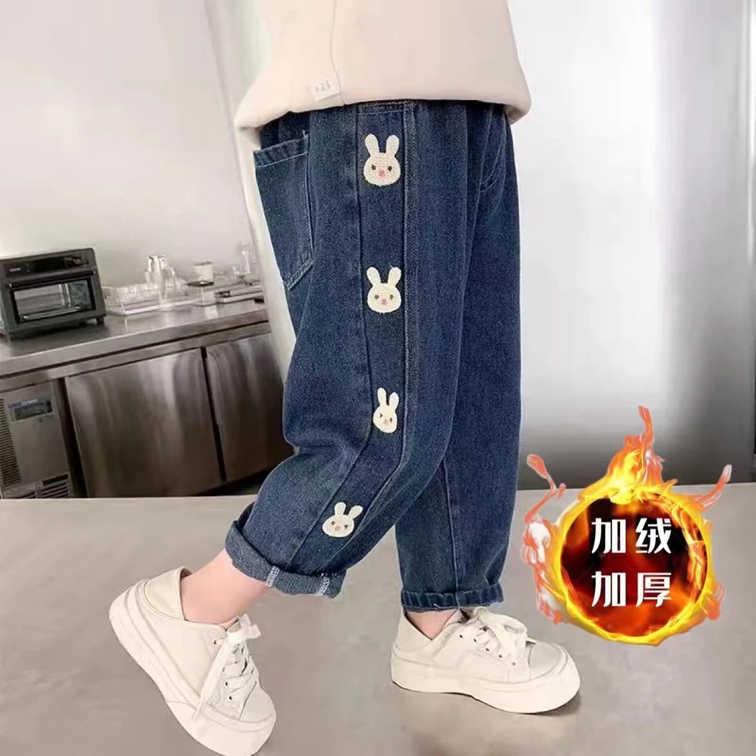 女童牛仔裤加绒加厚秋冬款2023新款洋气儿童外穿宽松一体绒长裤潮