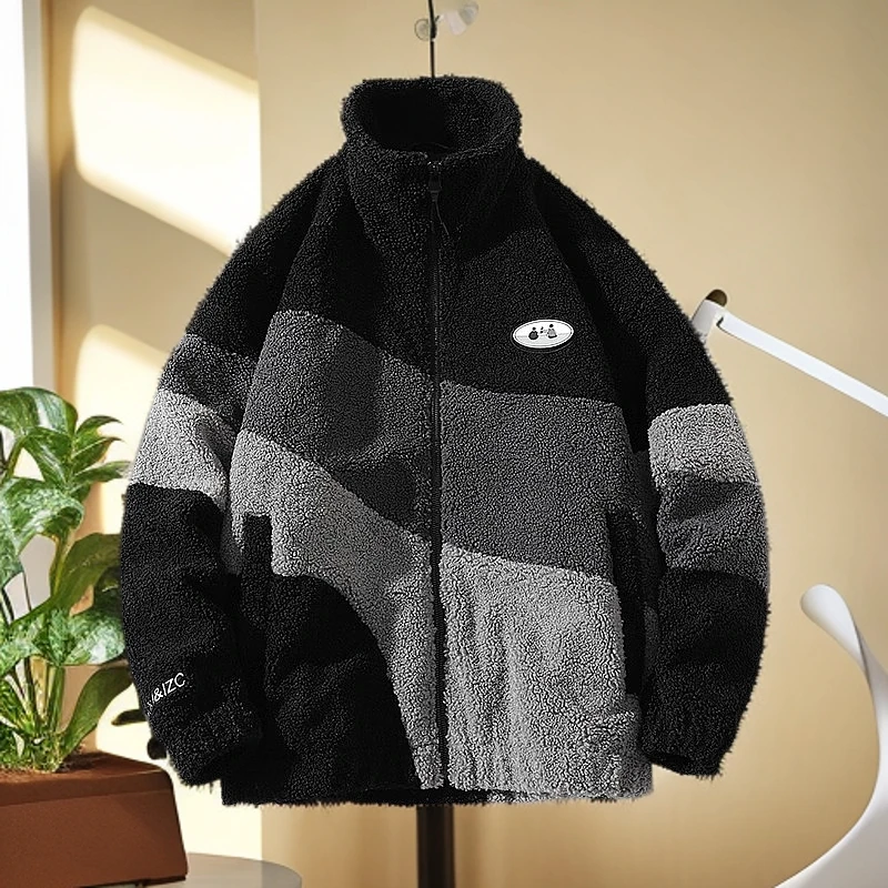 羊羔绒撞色拼接外套男冬季加厚棉衣潮牌立领保暖情侣宽松百搭棉袄