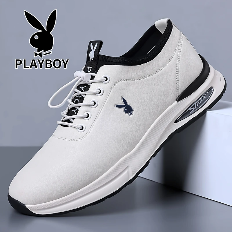 花花公子休闲鞋子春季2024新款真皮软底休闲男皮鞋透气白色旅游鞋