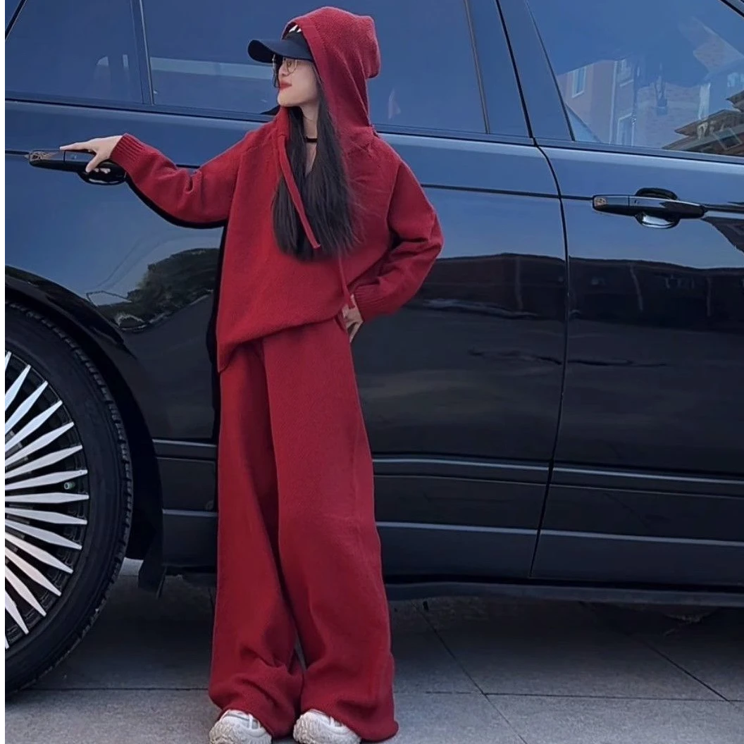 休闲女童秋冬新年红毛衣套装儿童新款洋气新中式纯色阔腿裤两件套