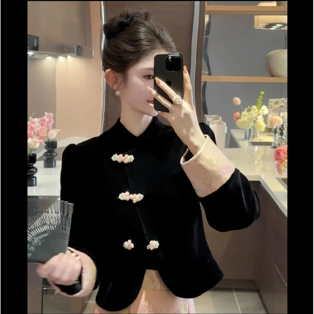 周粥2024秋冬新款新中式提花刺绣国风短外套包臀裙时尚气质套装潮