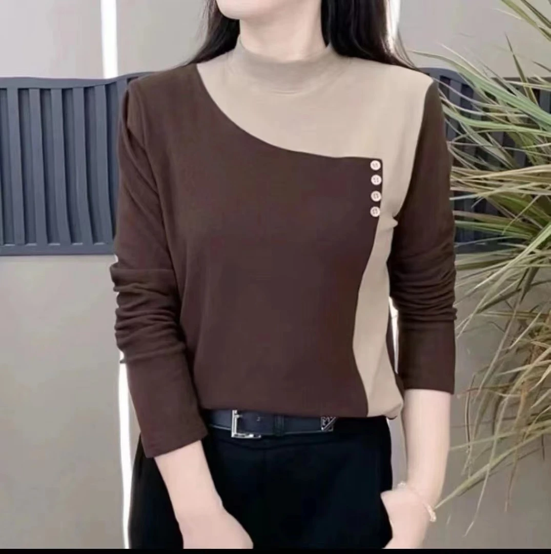 3152（德绒拼接）2023秋季新款修身显瘦百搭纯色长袖上衣简约洋气