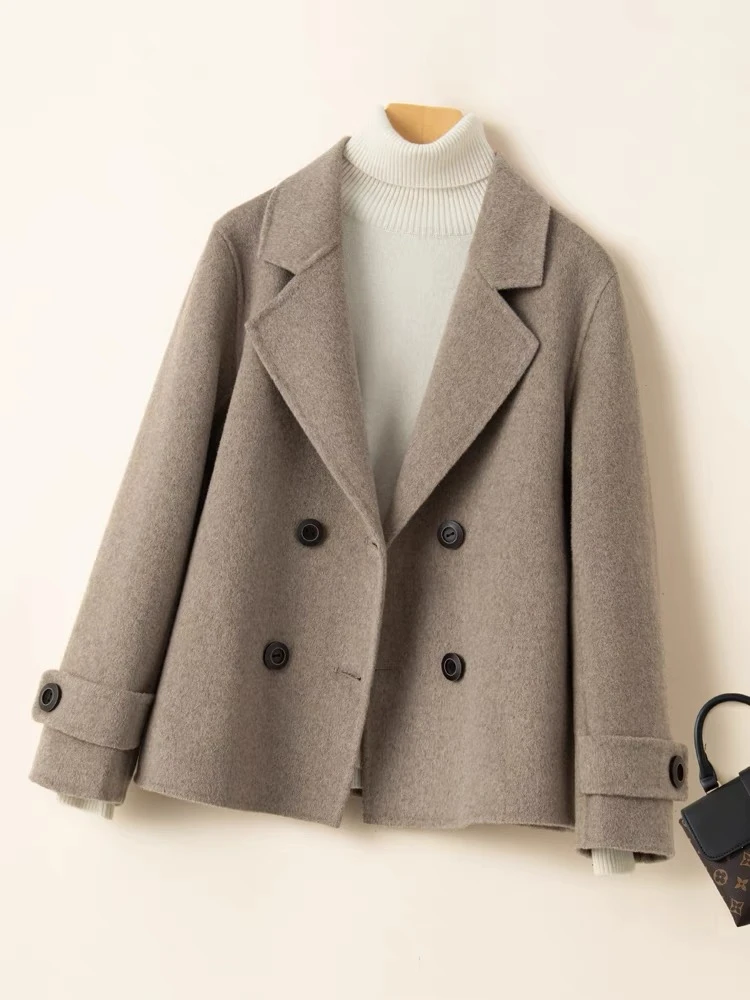 8168秋冬短款加厚时尚休闲双排扣双面呢毛呢外套大衣