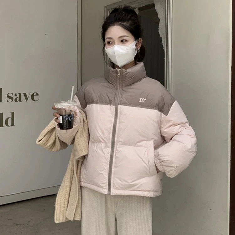 反季新款韩版小个子面包服宽松拼色短款立领百搭保暖羽绒服