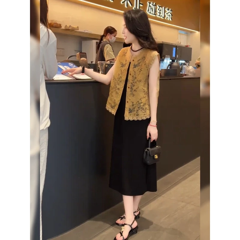 时尚漂亮套装裙夏季国风刺绣蕾丝花边马甲上衣字吊带背心连衣裙