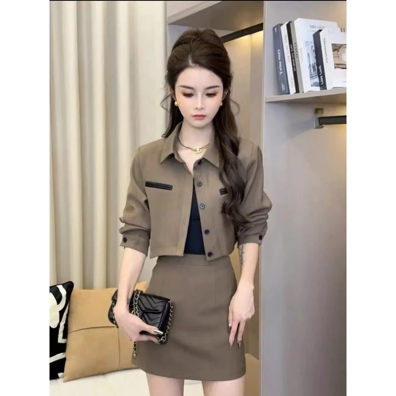 韩版时尚御姐西装套装女2024秋季短款西服衬衫+半身短裙裤两件套
