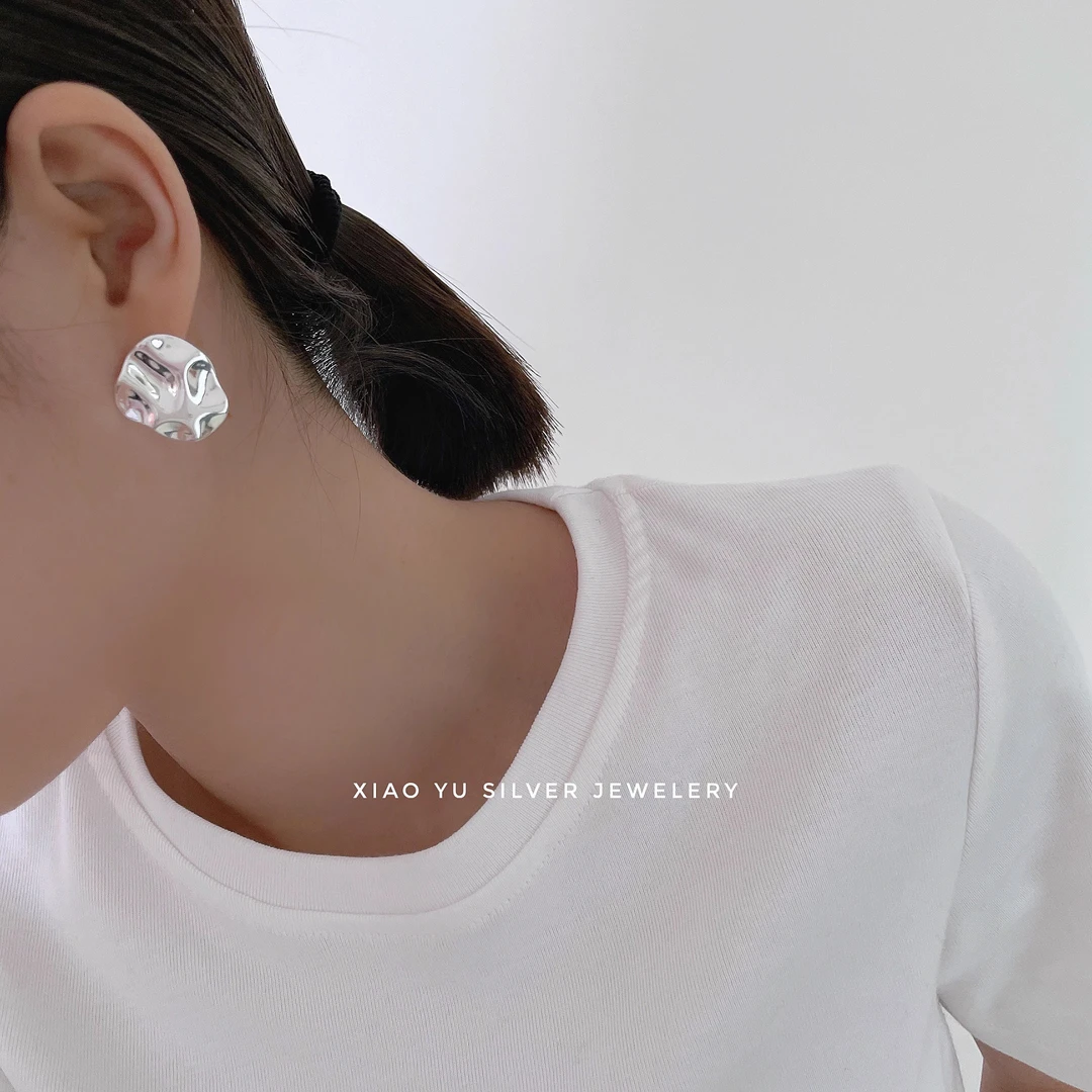 925银耳饰 锡纸设计不规则水波纹凹凸耳钉气质冷淡风耳环小众银饰