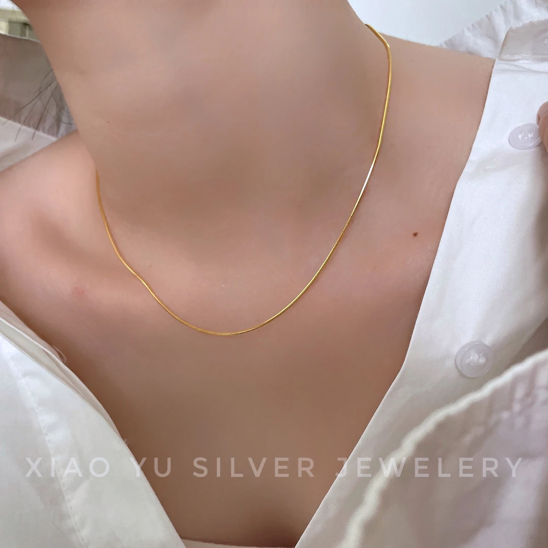 链子925银 自制s925纯银立体蛇骨链镀金八角链简约ins气质锁骨链