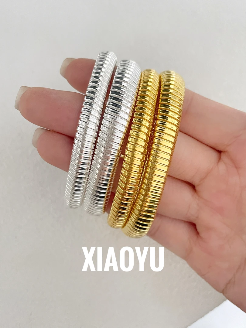 925银手镯 中古风韩单弹力表带手环手镯竖纹简约中性大气金银手环