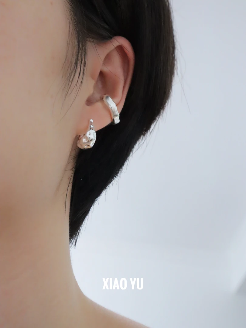 925银耳饰 韩单气质锤纹手工敲打百搭耳环亮银耳饰东大门耳扣