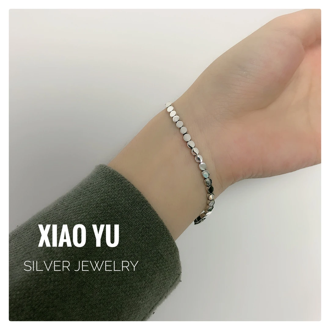 925银手链 精工s925冷淡风气质手链豆豆扁圆珠手环个性简约光面