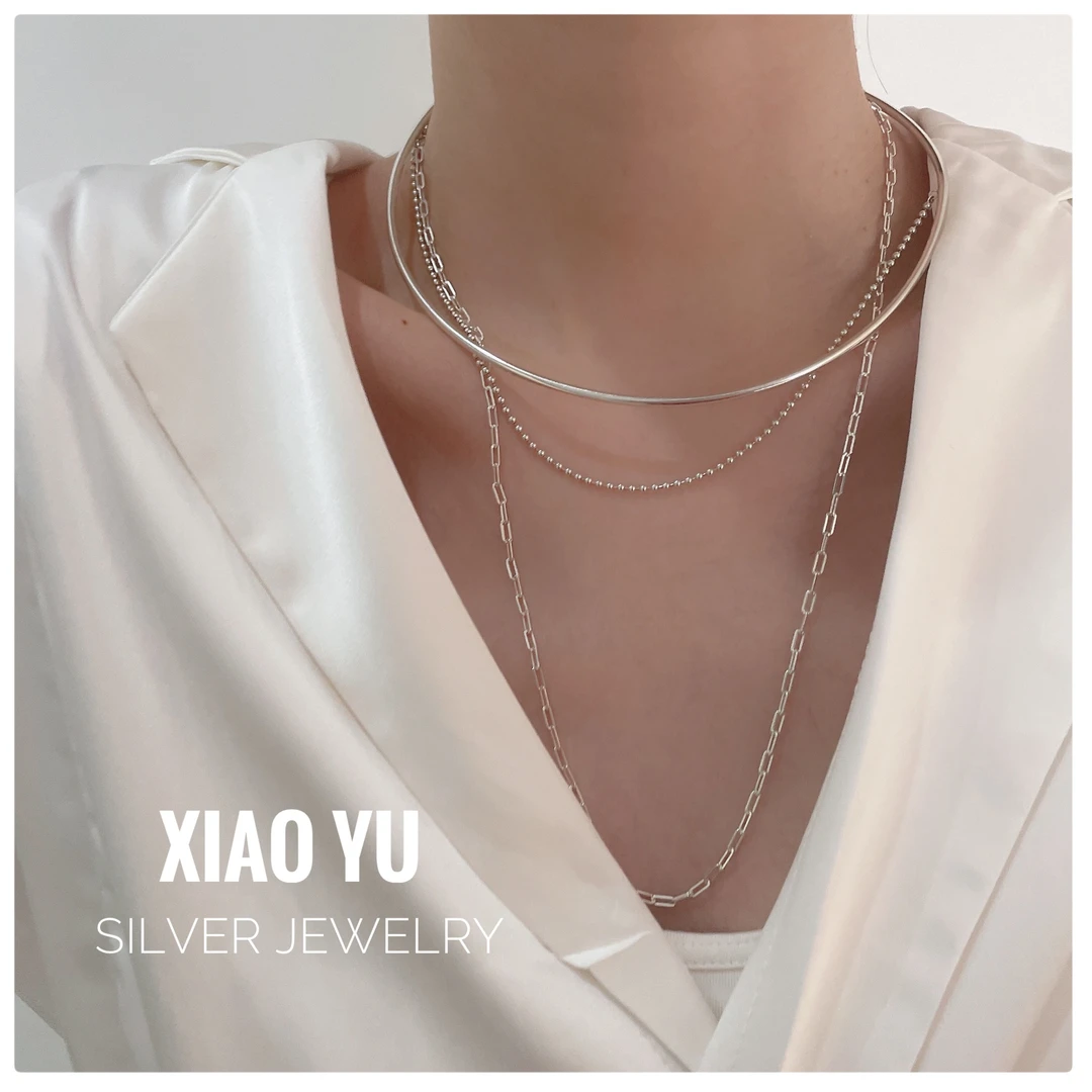 925银银制品 韩单s925纯银双层项圈小众设计圆珠项链气质百搭颈链