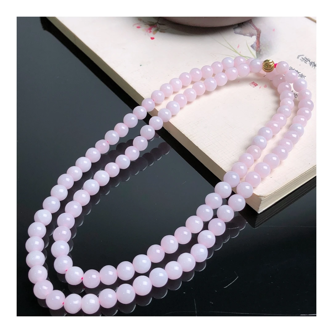 天然翡翠A货粉红色冰透彩色圆珠项链粉紫时尚粉色樱花粉渐变色珠