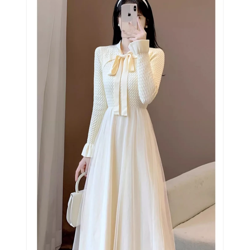 春秋针织网纱连衣裙气质温柔甜美仙女裙修身设计感毛衣长款打底裙
