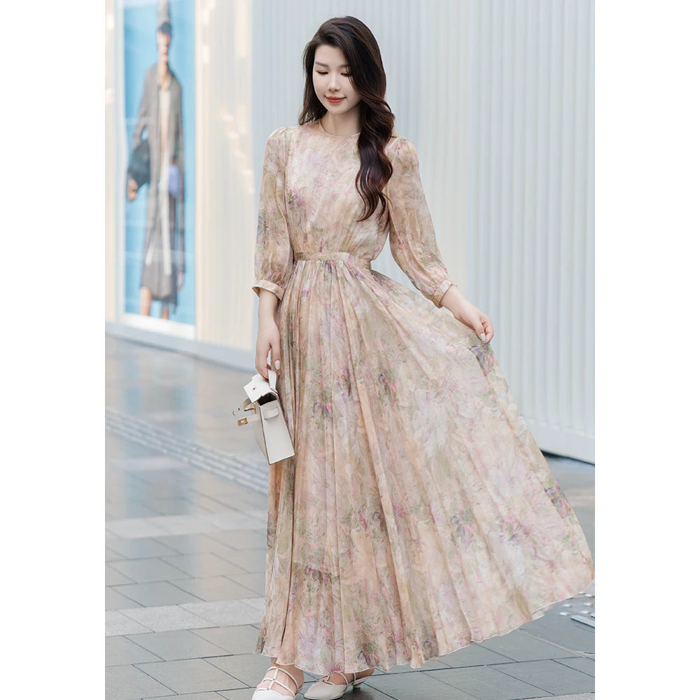 【娜紫服饰】蔓越莓花真丝淡雅碎花连衣裙桑蚕丝长裙连衣裙