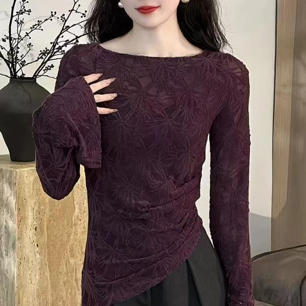 【婉儿】刺绣提花薄款喇叭袖秋季新款修身显瘦打底上衣