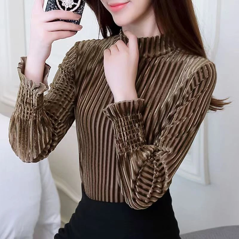 H011秋冬新款条纹丝绒打底衫女半高领遮肉显瘦女装上衣长袖洋气