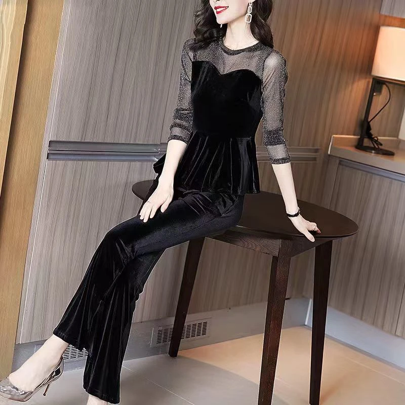 HW001【80-180斤】2022新款丝绒套装显瘦百搭大码女装妈妈装女