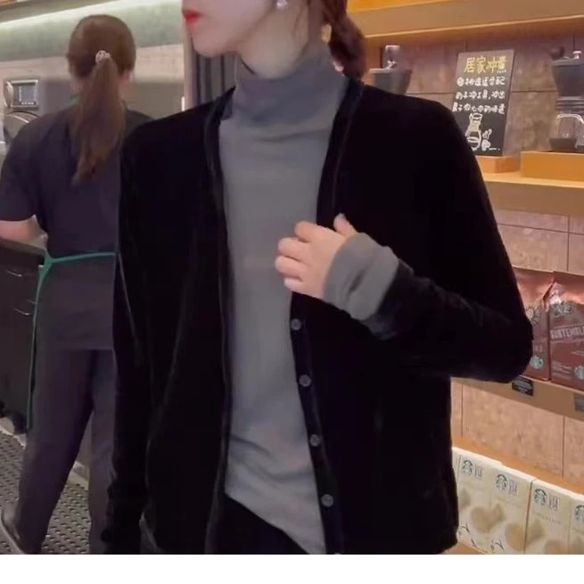 丝绒纽扣长袖开衫T恤女秋季新款气质优雅V领开衫两穿百搭外套