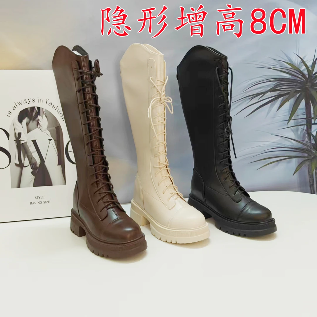 V口真皮棕色弹力骑士靴女冬加绒粗跟绑带长筒靴内增高不过膝长靴