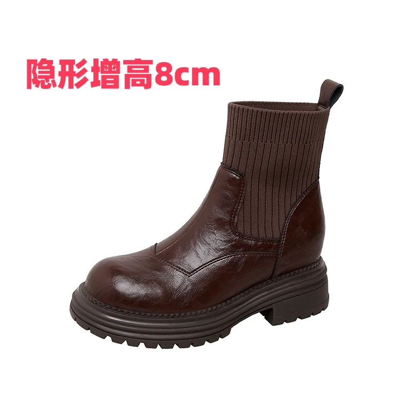 厚底小个子内增高马丁靴靴子女真皮冬季加绒袜靴时尚弹力百搭短靴