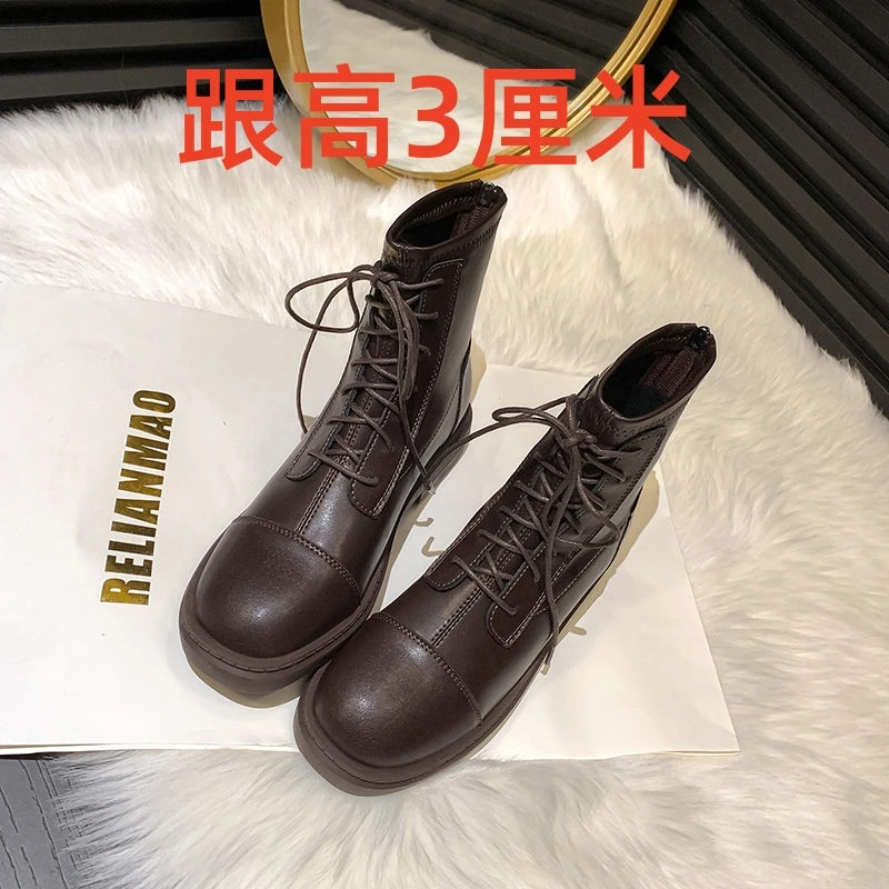 34-39码马丁靴短靴英伦风棕色切尔西女百搭后拉链平底复古瘦瘦靴