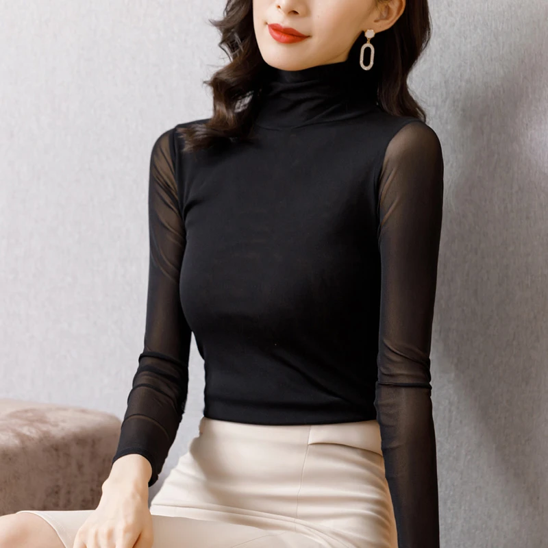 长袖网纱打底衫高领洋气百搭修身内搭长袖纯色秋季女装上衣