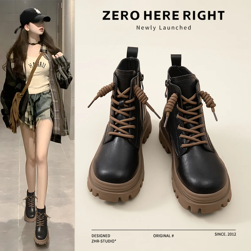 ZHR/则则马丁靴2025秋冬侧拉链牛皮经典增高时尚百搭加绒短靴子女