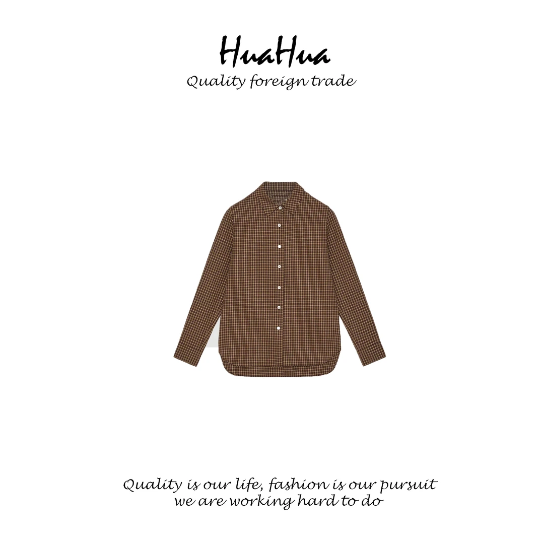 HUASNV 棉毛色织布格纹衬衫羊毛混纺焦糖棕撞色H型长袖衬衫
