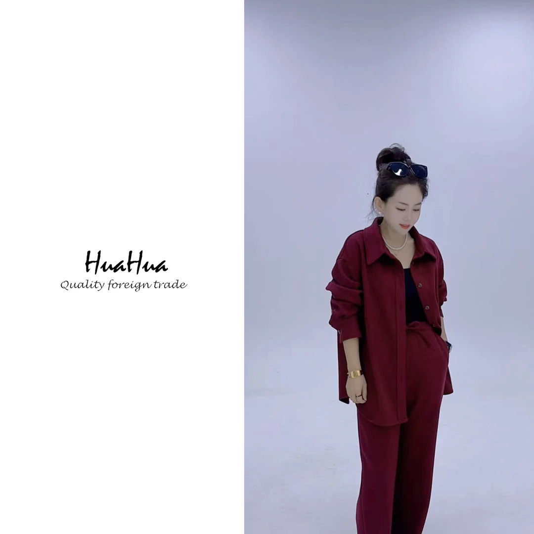 HUAHUA 老钱风翻领衬衫套装外套高级感安可拉红慵懒长裤轻奢气质