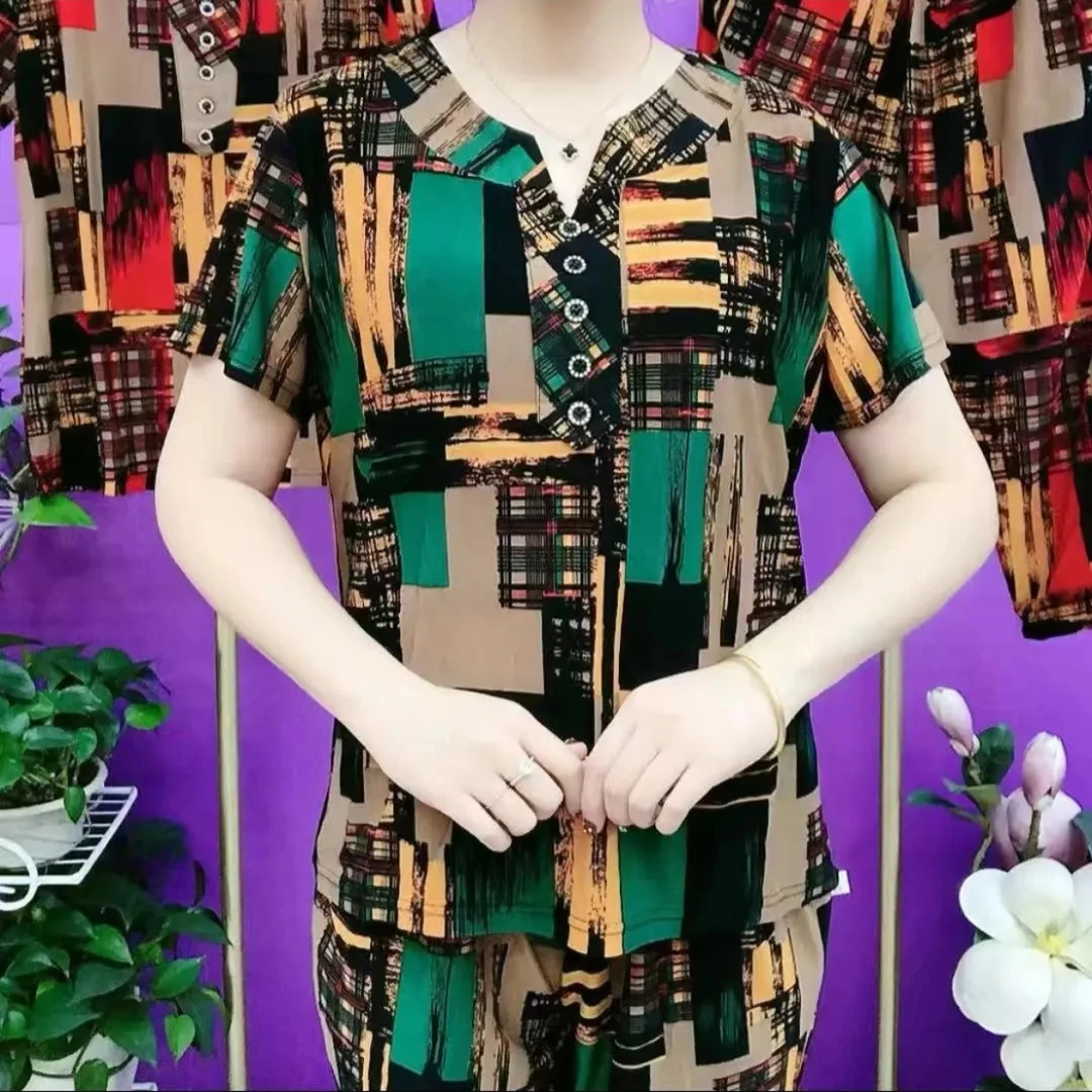 夏季新款中老年冰丝套装减龄大码宽松舒适短袖两件套妈妈装2005