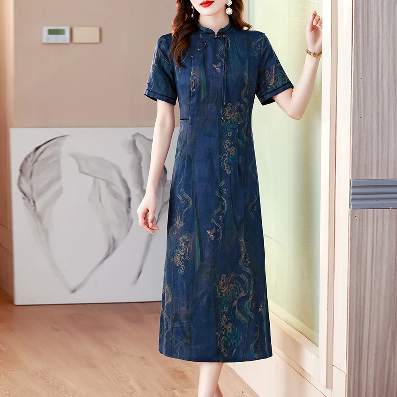 blx9359新中式连衣裙女2023夏季新款妈妈装时尚复古国风印花裙子
